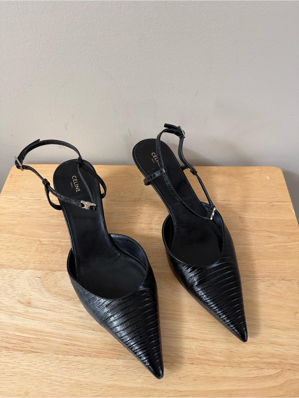 Celine Triomphe Lizard-Embossed Black Leather Slingback Heels